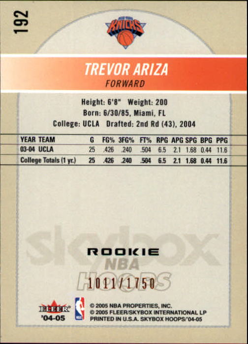 2004-05 Hoops #192 Trevor Ariza RC back image