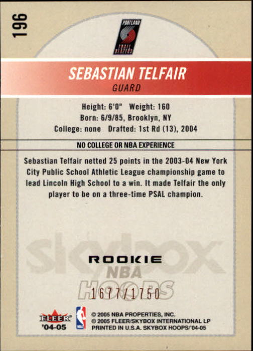 2004-05 Hoops #196 Sebastian Telfair RC back image