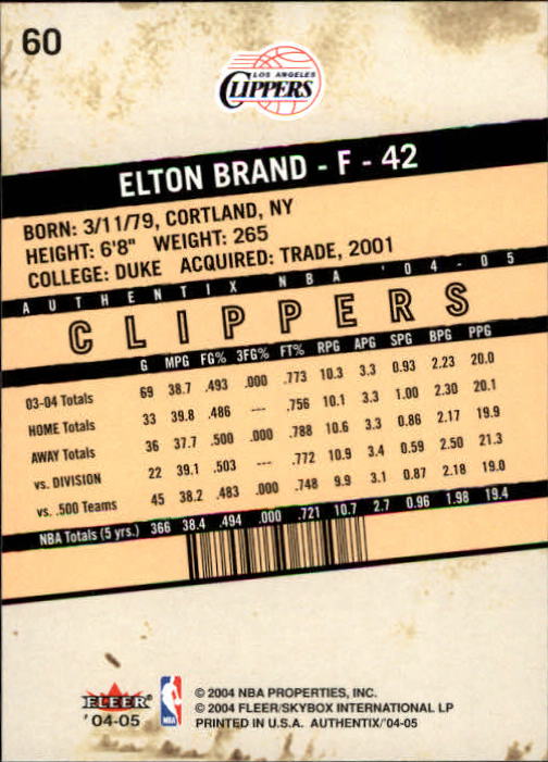 2004-05 Fleer Authentix #60 Elton Brand back image