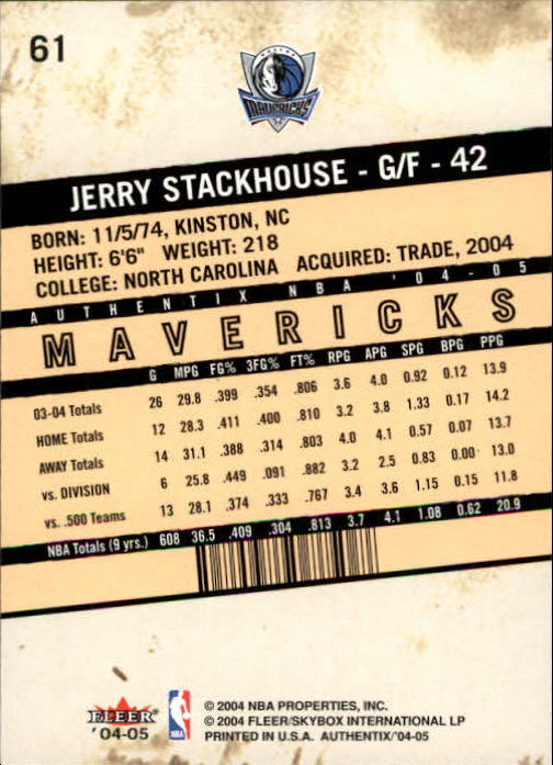 2004-05 Fleer Authentix #61 Jerry Stackhouse back image