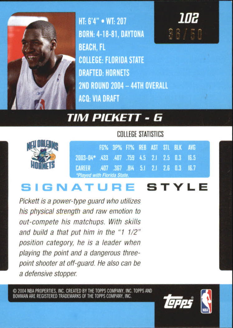 2004-05 Bowman Signature Edition #102 Tim Pickett AU RC back image
