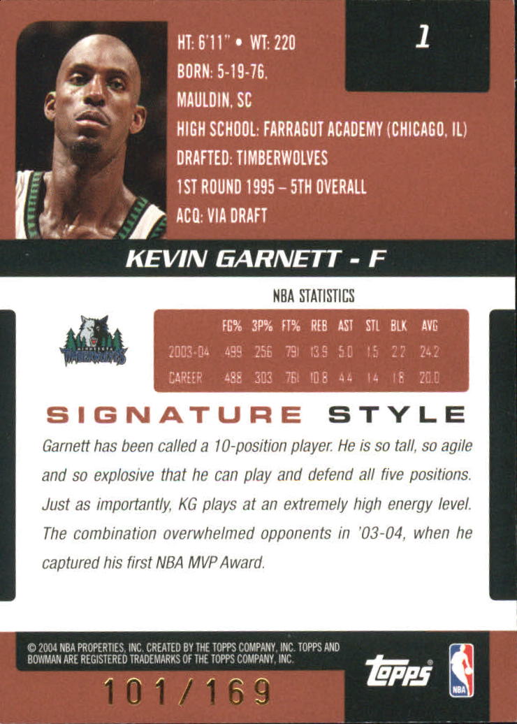 2004-05 Bowman Signature Edition 169 #1 Kevin Garnett back image