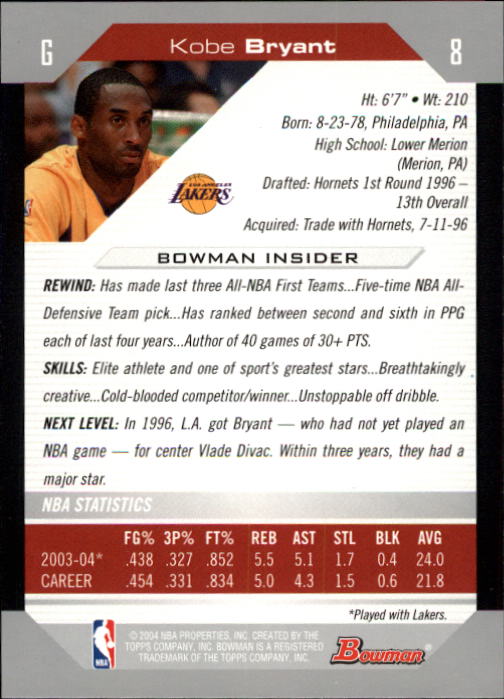 2004-05 Bowman #8 Kobe Bryant back image