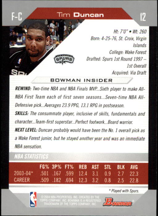 2004-05 Bowman #12 Tim Duncan back image