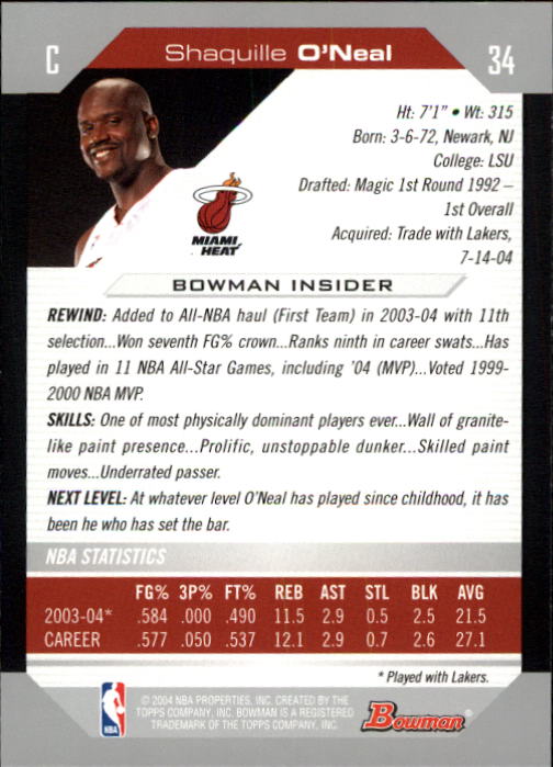 2004-05 Bowman #34 Shaquille O'Neal back image