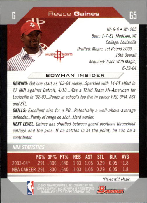 2004-05 Bowman #65 Reece Gaines back image