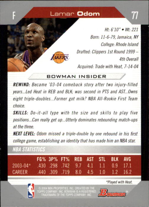 2004-05 Bowman #77 Lamar Odom back image