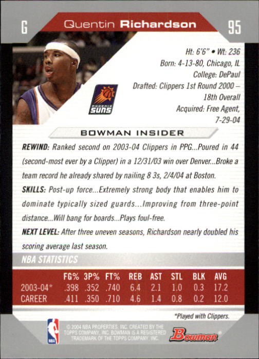 2004-05 Bowman #95 Quentin Richardson back image
