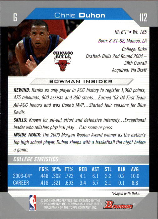 2004-05 Bowman #112 Chris Duhon RC back image