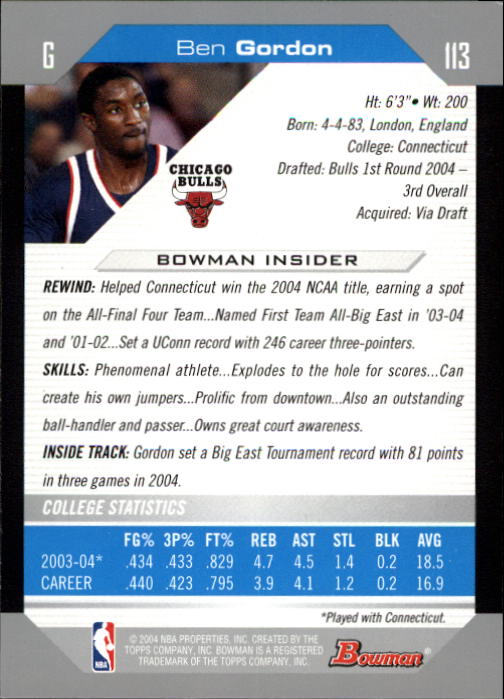 2004-05 Bowman #113 Ben Gordon RC back image