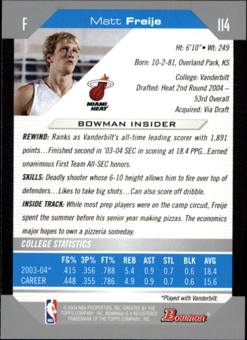 2004-05 Bowman #114 Matt Freije RC back image