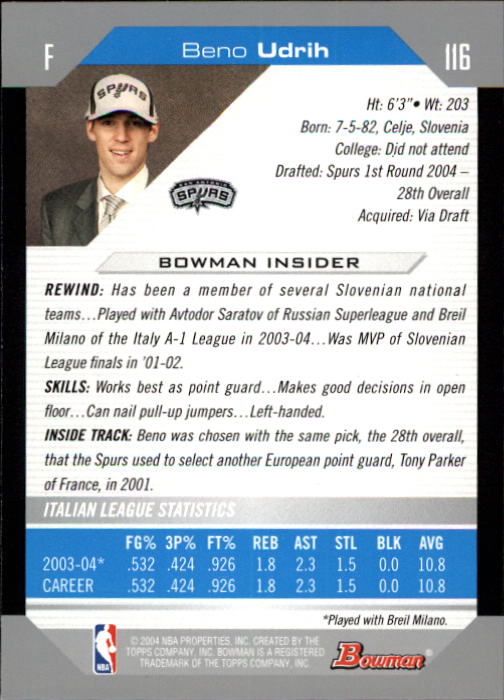 2004-05 Bowman #116 Beno Udrih RC back image