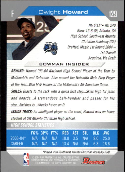 2004-05 Bowman #129 Dwight Howard RC back image