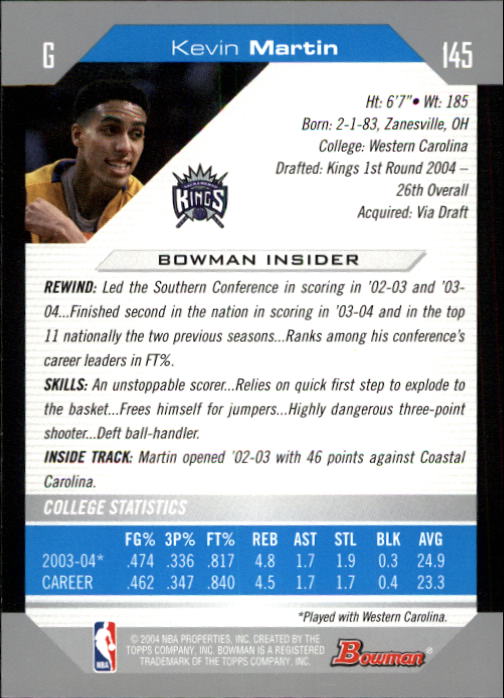 2004-05 Bowman #145 Kevin Martin RC back image