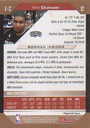 2004-05 Bowman Gold #12 Tim Duncan back image