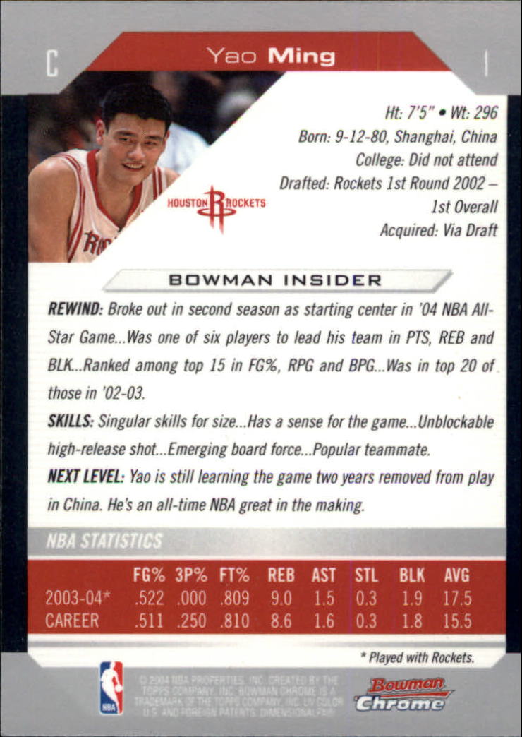 2004-05 Bowman Chrome #1 Yao Ming back image