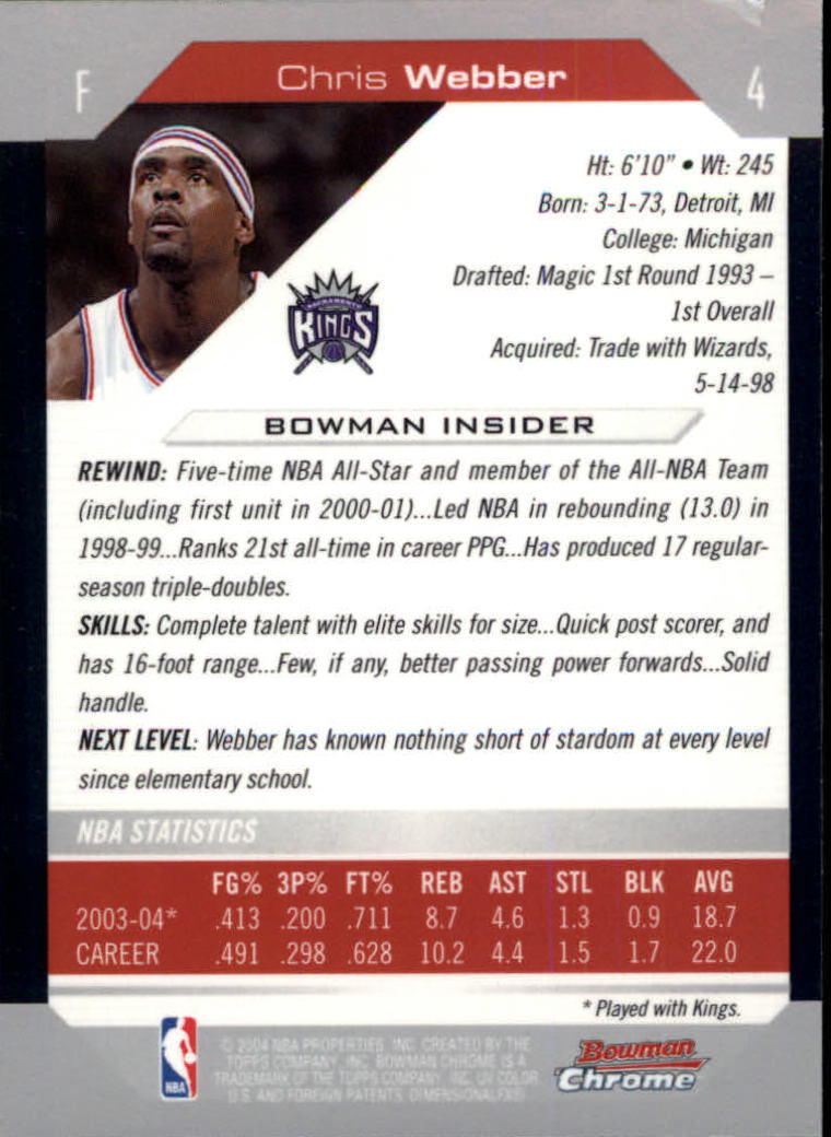 2004-05 Bowman Chrome #4 Chris Webber back image