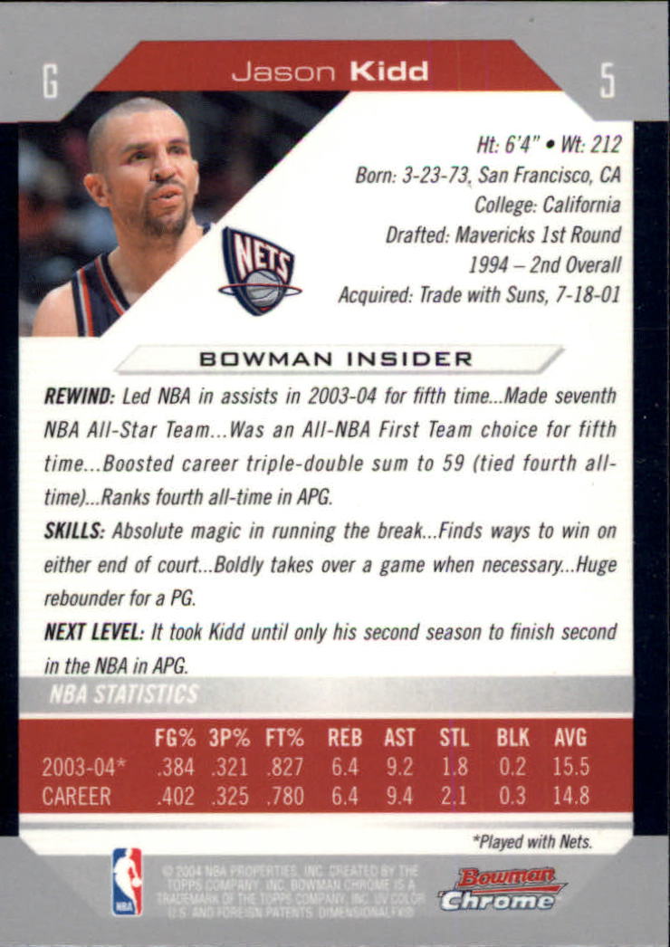 2004-05 Bowman Chrome #5 Jason Kidd back image