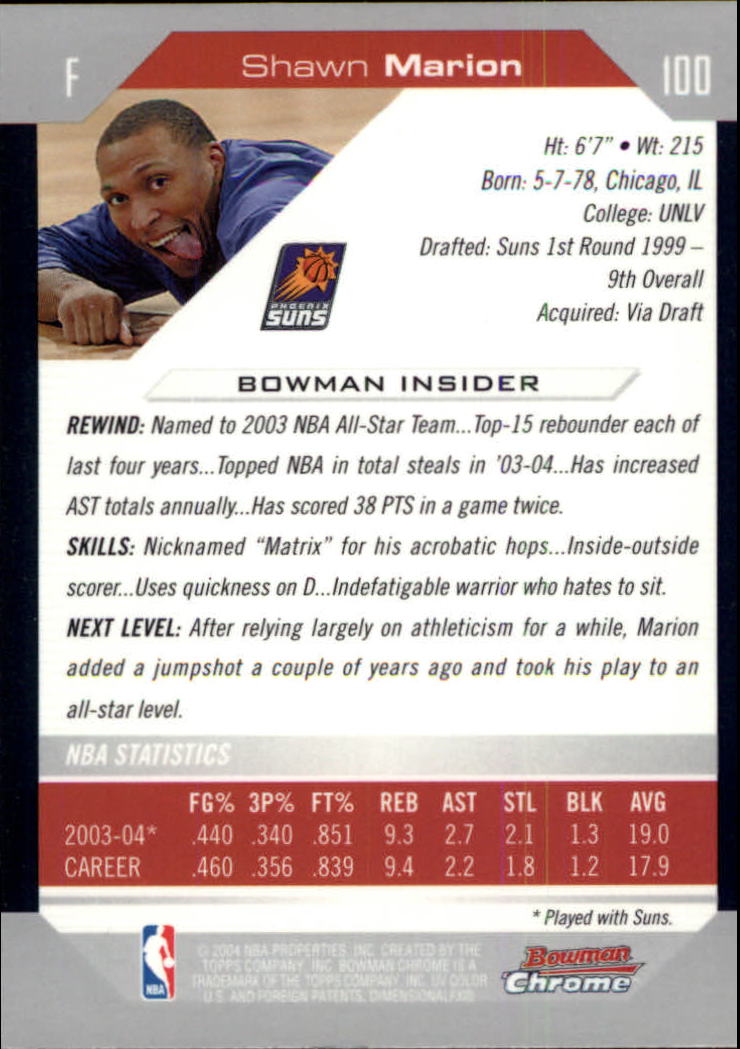 2004-05 Bowman Chrome #100 Shawn Marion back image