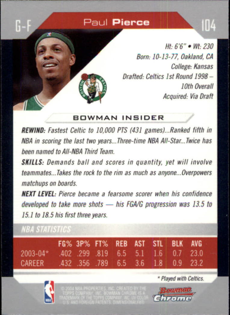 2004-05 Bowman Chrome #104 Paul Pierce back image