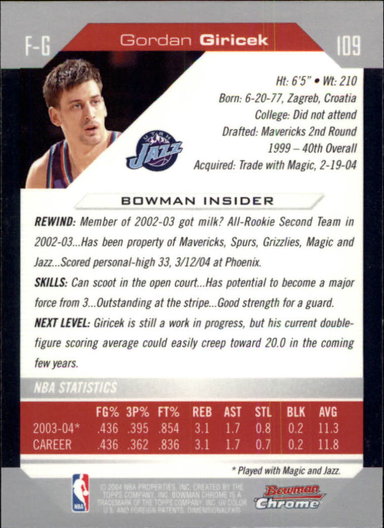 2004-05 Bowman Chrome #109 Gordan Giricek back image