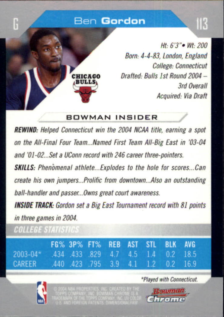 2004-05 Bowman Chrome #113 Ben Gordon RC back image