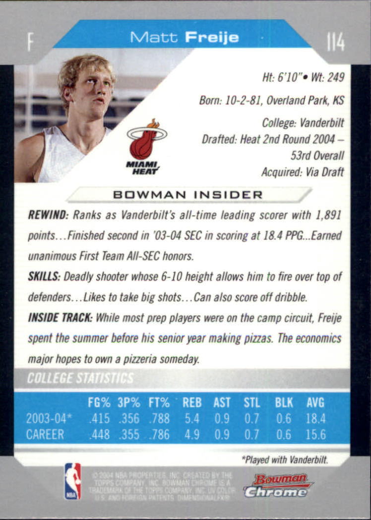 2004-05 Bowman Chrome #114 Matt Freije RC back image