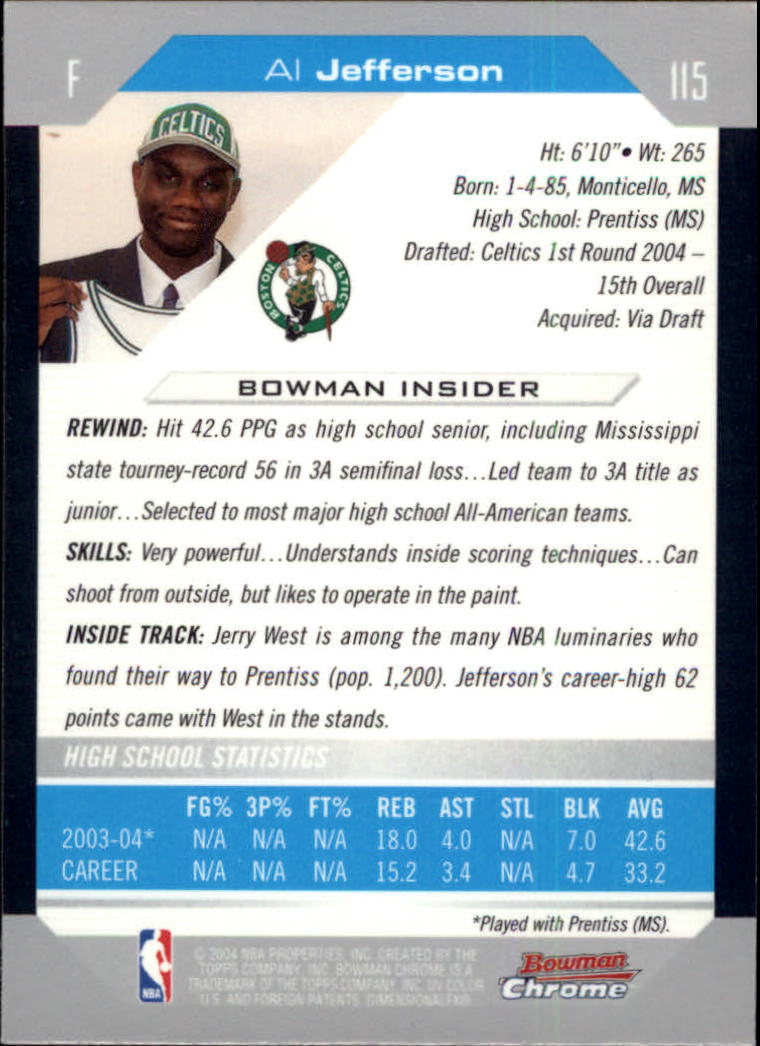2004-05 Bowman Chrome #115 Al Jefferson RC back image
