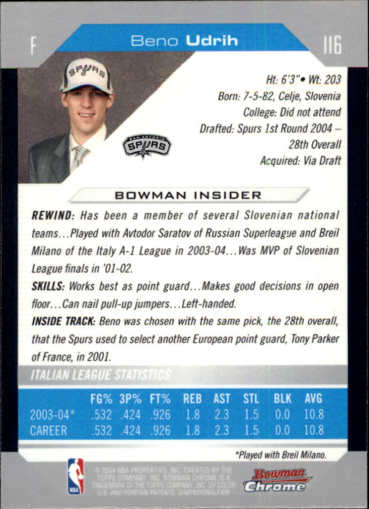 2004-05 Bowman Chrome #116 Beno Udrih RC back image