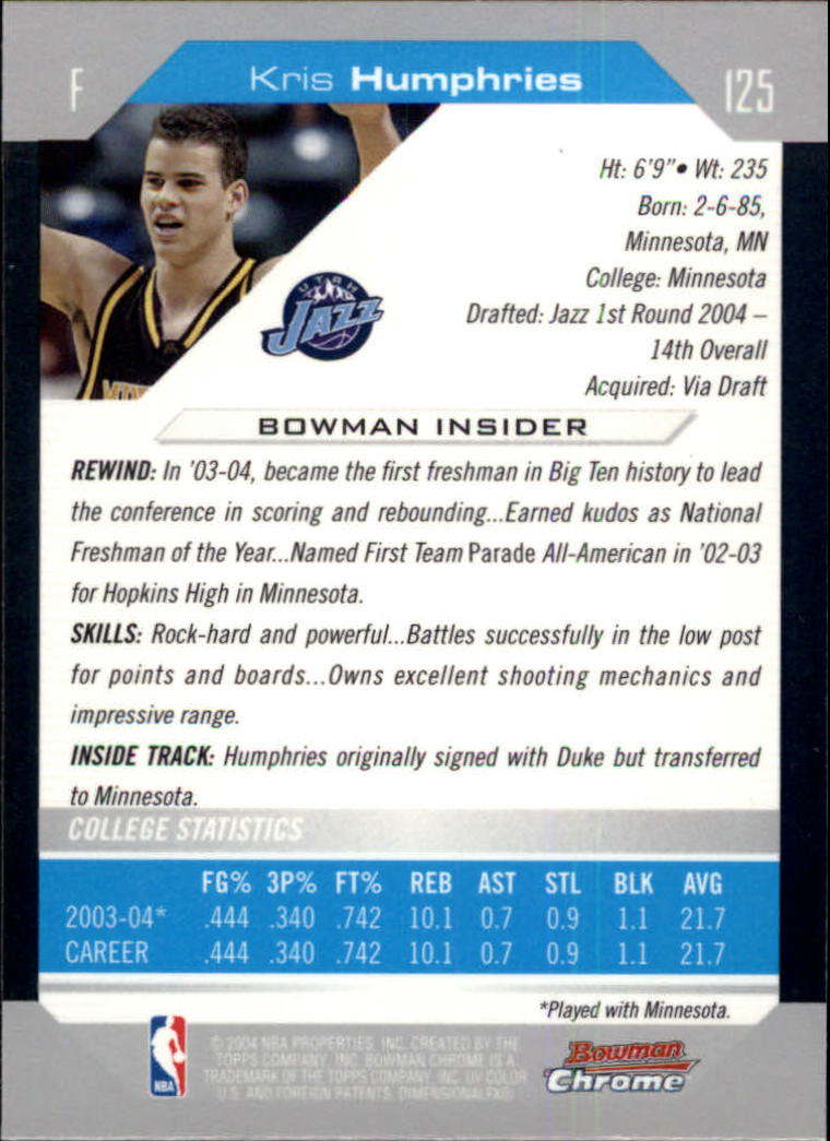2004-05 Bowman Chrome #125 Kris Humphries RC back image