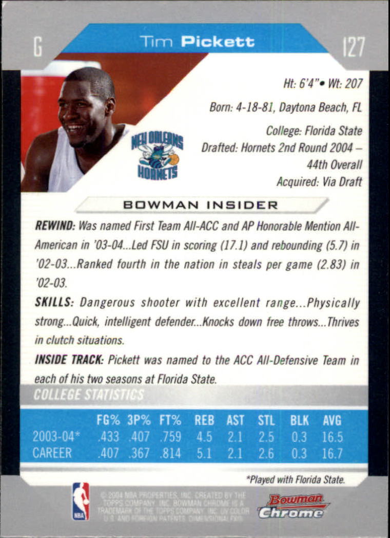 2004-05 Bowman Chrome #127 Tim Pickett RC back image