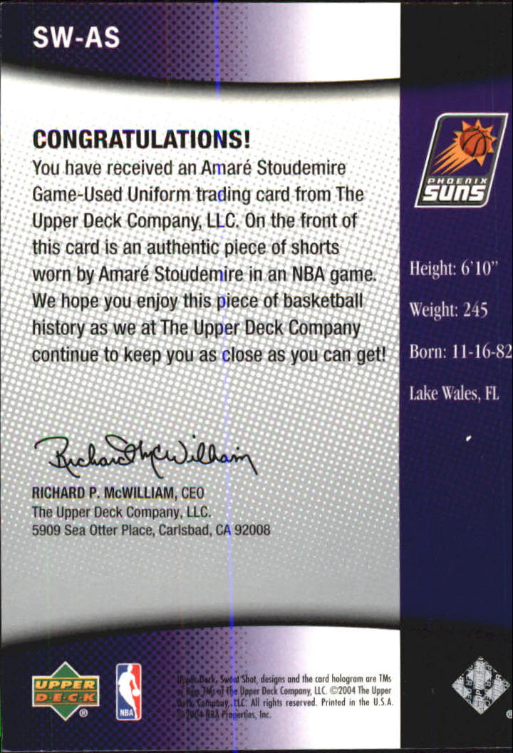 2004-05 Sweet Shot Swatches #AS Amare Stoudemire back image