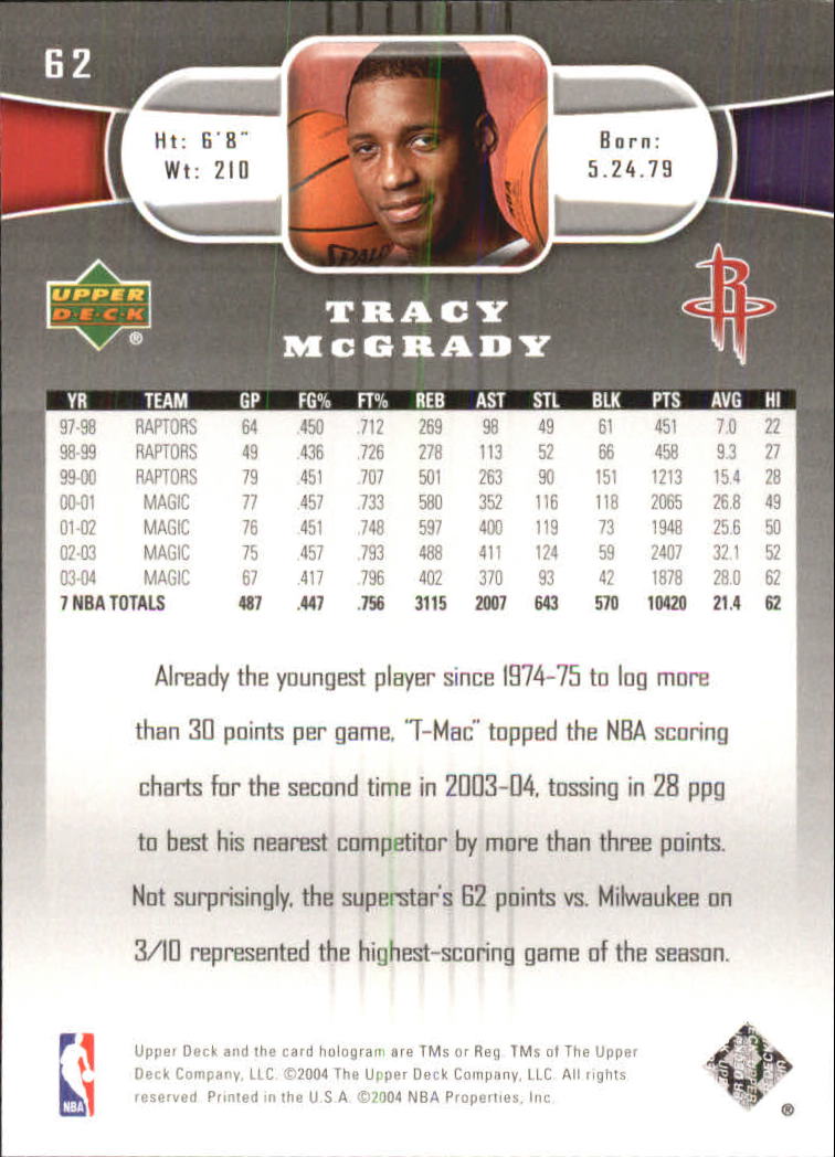2004-05 Upper Deck #62 Tracy McGrady back image