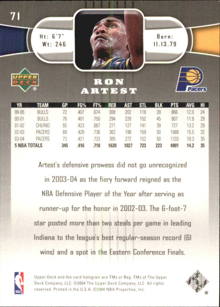 2004-05 Upper Deck #71 Ron Artest back image