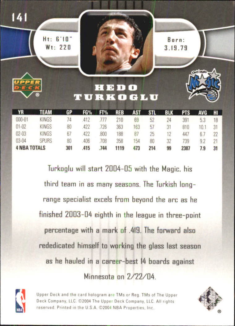 2004-05 Upper Deck #141 Hedo Turkoglu back image