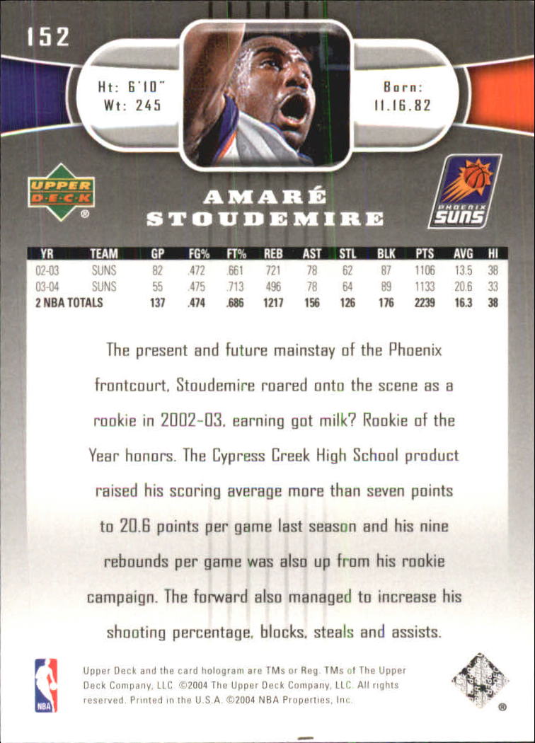 2004-05 Upper Deck #152 Amare Stoudemire back image