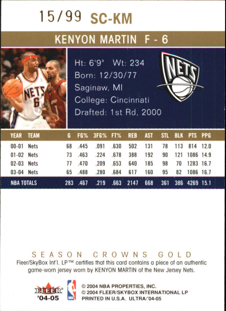2004-05 Ultra Season Crowns Game Used 99 #KM Kenyon Martin back image