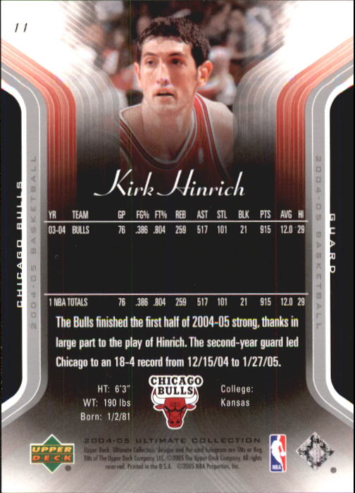 2004-05 Ultimate Collection #11 Kirk Hinrich back image
