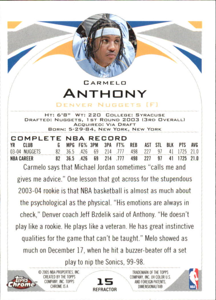 2004-05 Topps Chrome Refractors #15 Carmelo Anthony back image