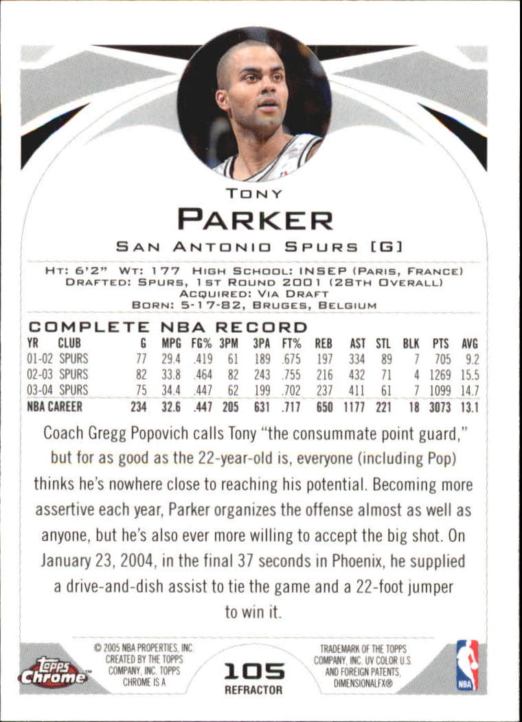 2004-05 Topps Chrome Refractors #105 Tony Parker back image