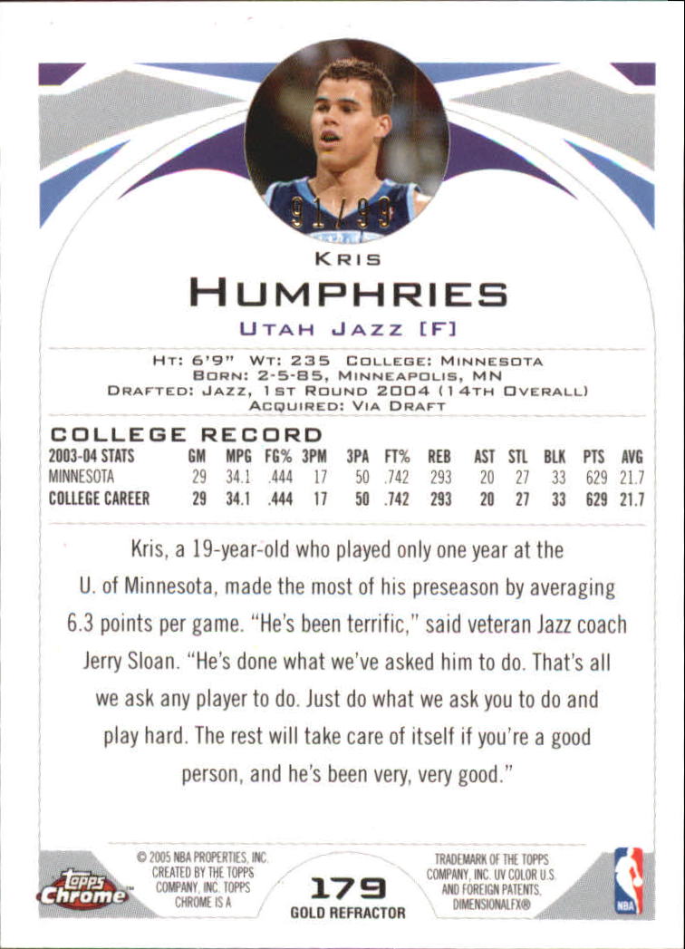 2004-05 Topps Chrome Refractors Gold #179 Kris Humphries back image