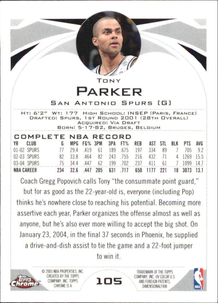 2004-05 Topps Chrome #105 Tony Parker back image