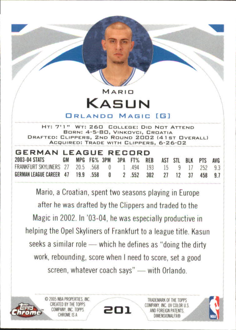 2004-05 Topps Chrome #201 Mario Kasun RC back image