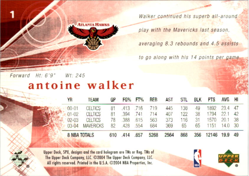 2004-05 SPx #1 Antoine Walker back image
