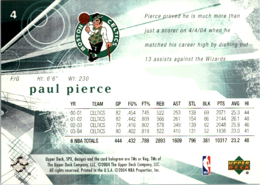 2004-05 SPx #4 Paul Pierce back image