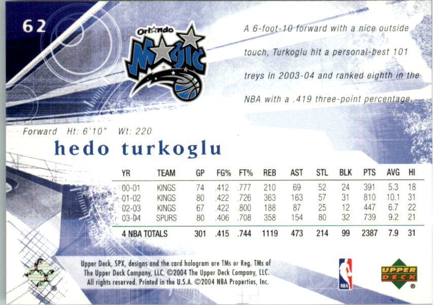 2004-05 SPx #62 Hedo Turkoglu back image