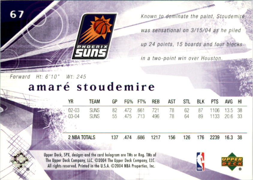 2004-05 SPx #67 Amare Stoudemire back image