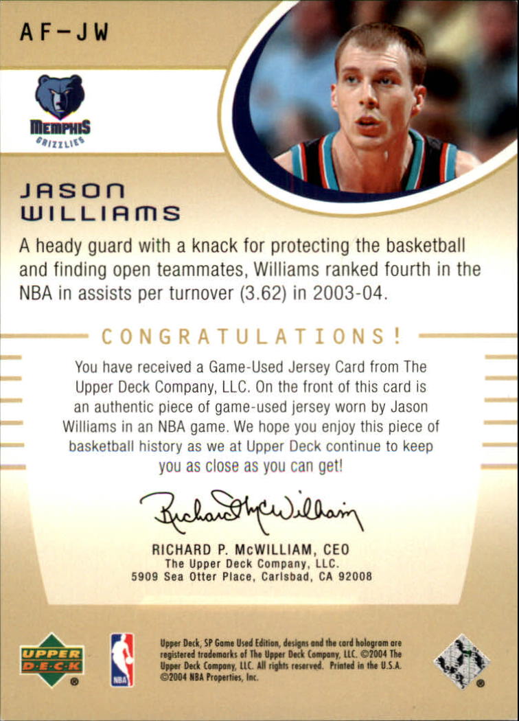 2004-05 SP Game Used Authentic Fabrics #JW Jason Williams back image