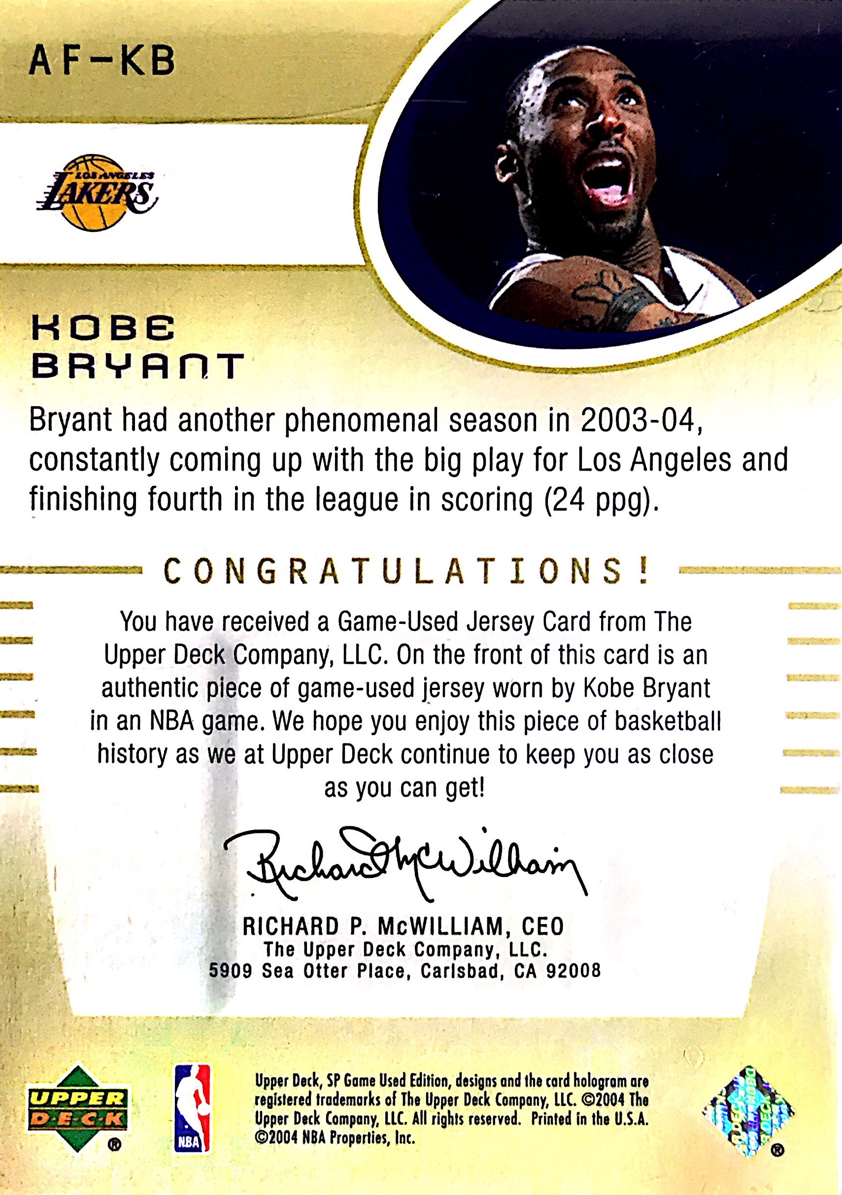 2004-05 SP Game Used Authentic Fabrics Gold #KB Kobe Bryant back image