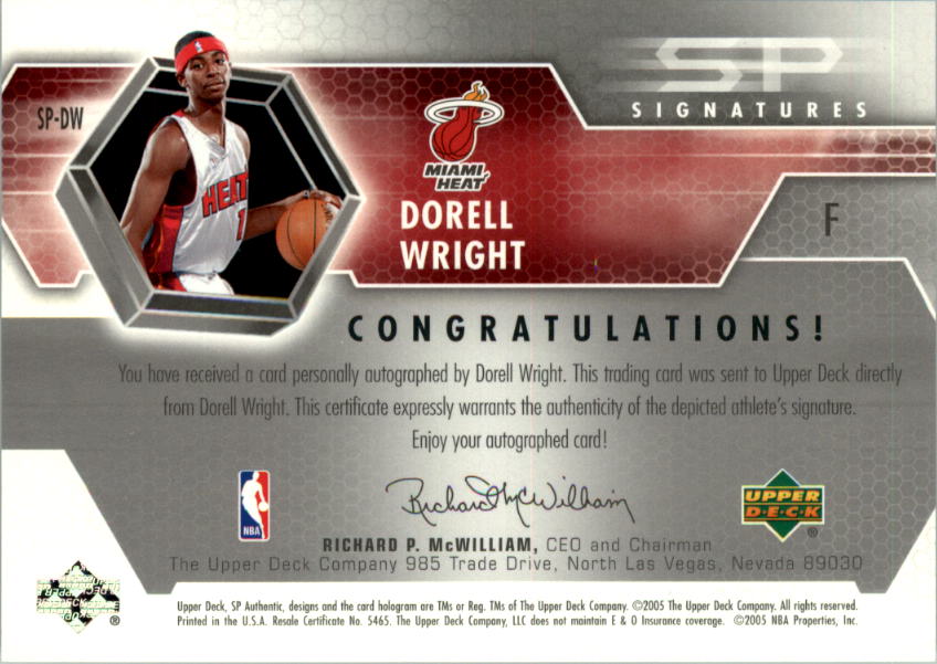 2004-05 SP Authentic Signatures #DW Dorell Wright back image